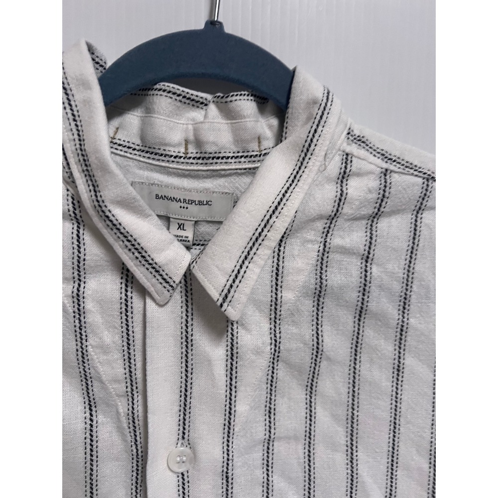 Banana Republic Mens XL Linen Blend Short Sleeve Striped Button Down Shirt White